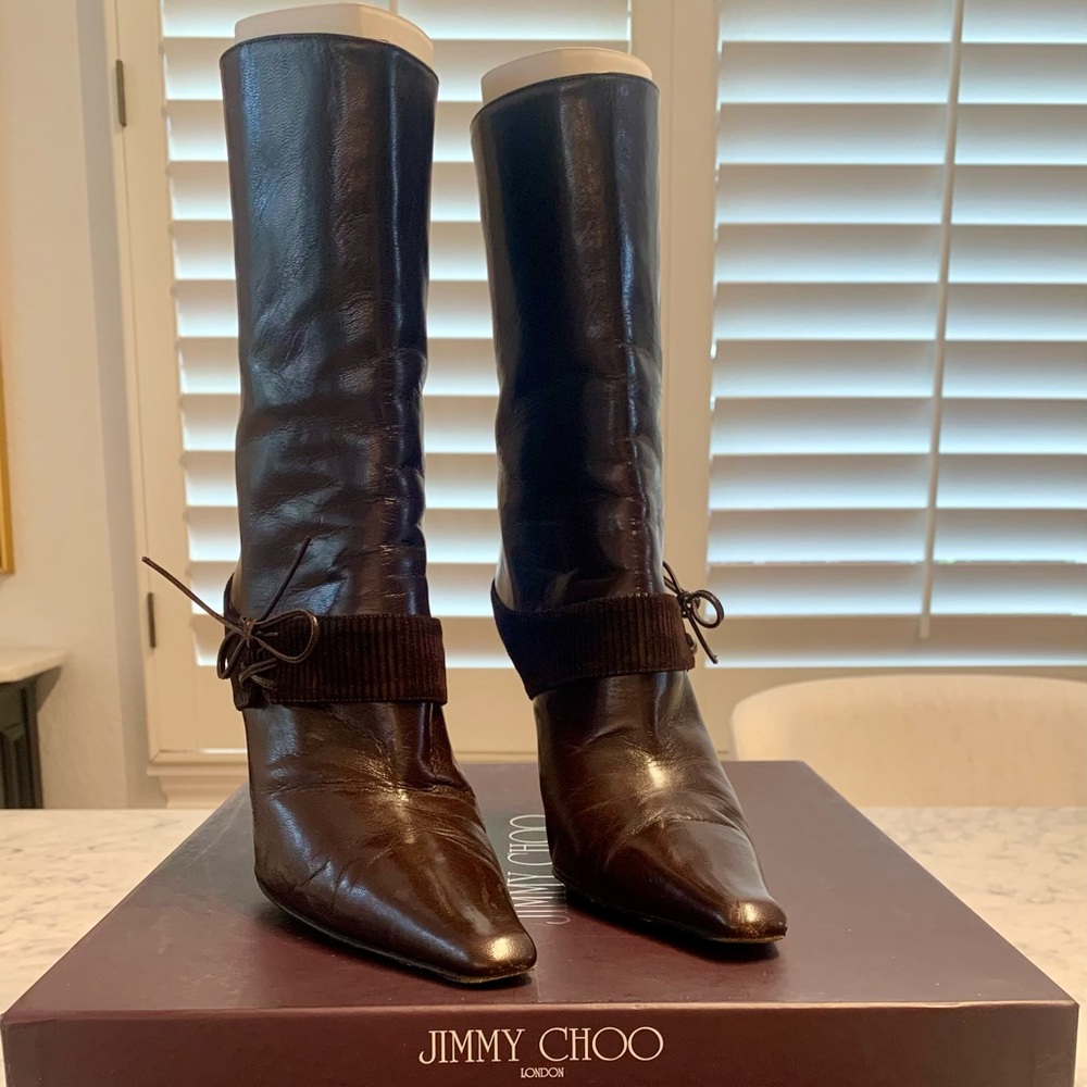 Jimmy Choo Vampire 79-Mid Calf Coffee Color Velvet accent around Ankle Size 7.5